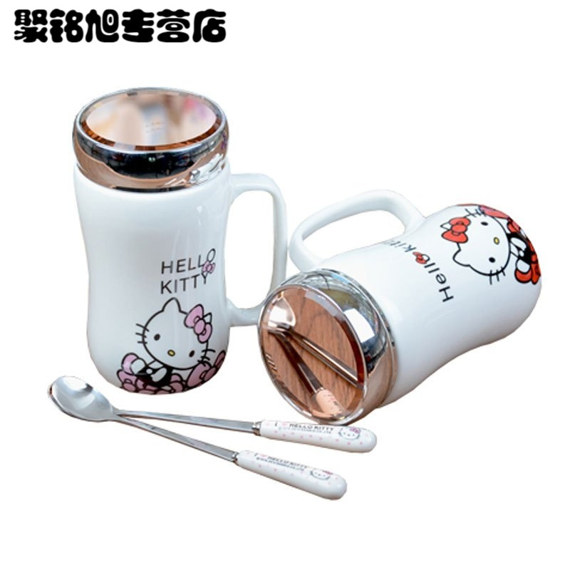 450ML时尚创意生活日用水具水杯卡通可爱创意马克杯陶瓷杯子带盖带勺大容量办公情侣水杯杯子家家庭杯子