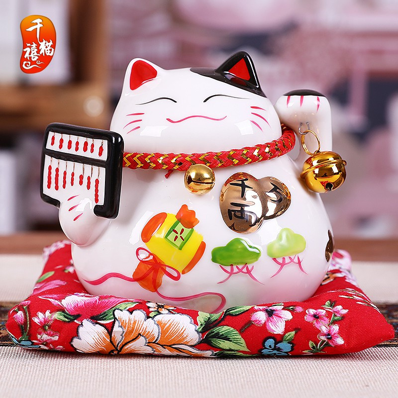 猫摆件迷你小号陶瓷存钱储蓄罐办公桌店铺家居装饰品创意 三维工匠 4.5寸小花季猫