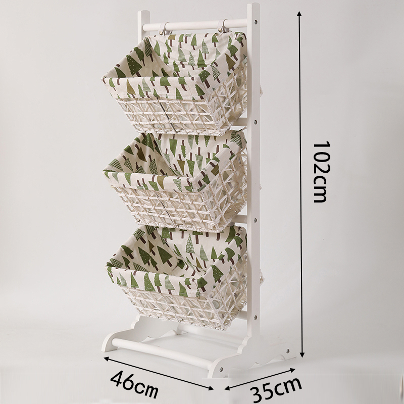 森美人布艺玩具收纳架客厅落地杂物储物架藤编多层书报架实木置物架 三层白架-绿树新款46宽