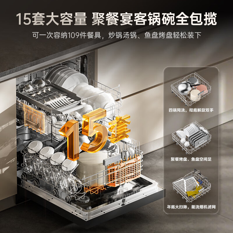 美的(Midea)[RX600SMax]新品嵌入式家用15套洗碗机 105℃热风烘干四星消毒 一级水效 AI自动洗消烘存