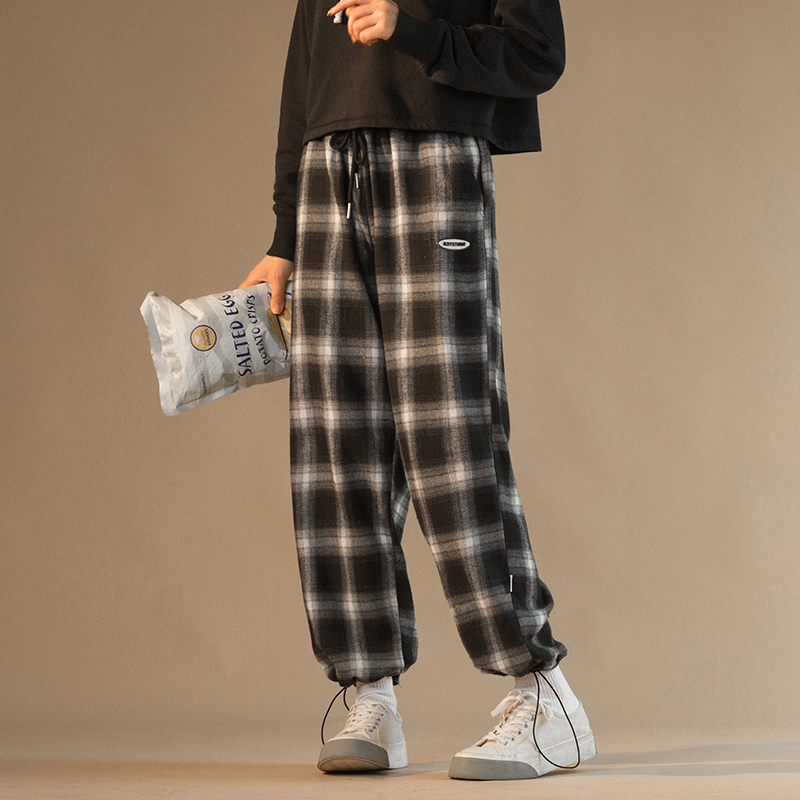 [直营]木林森(MULINSEN)秋季新款高腰格子阔腿裤女宽松脚口抽绳休闲运动裤