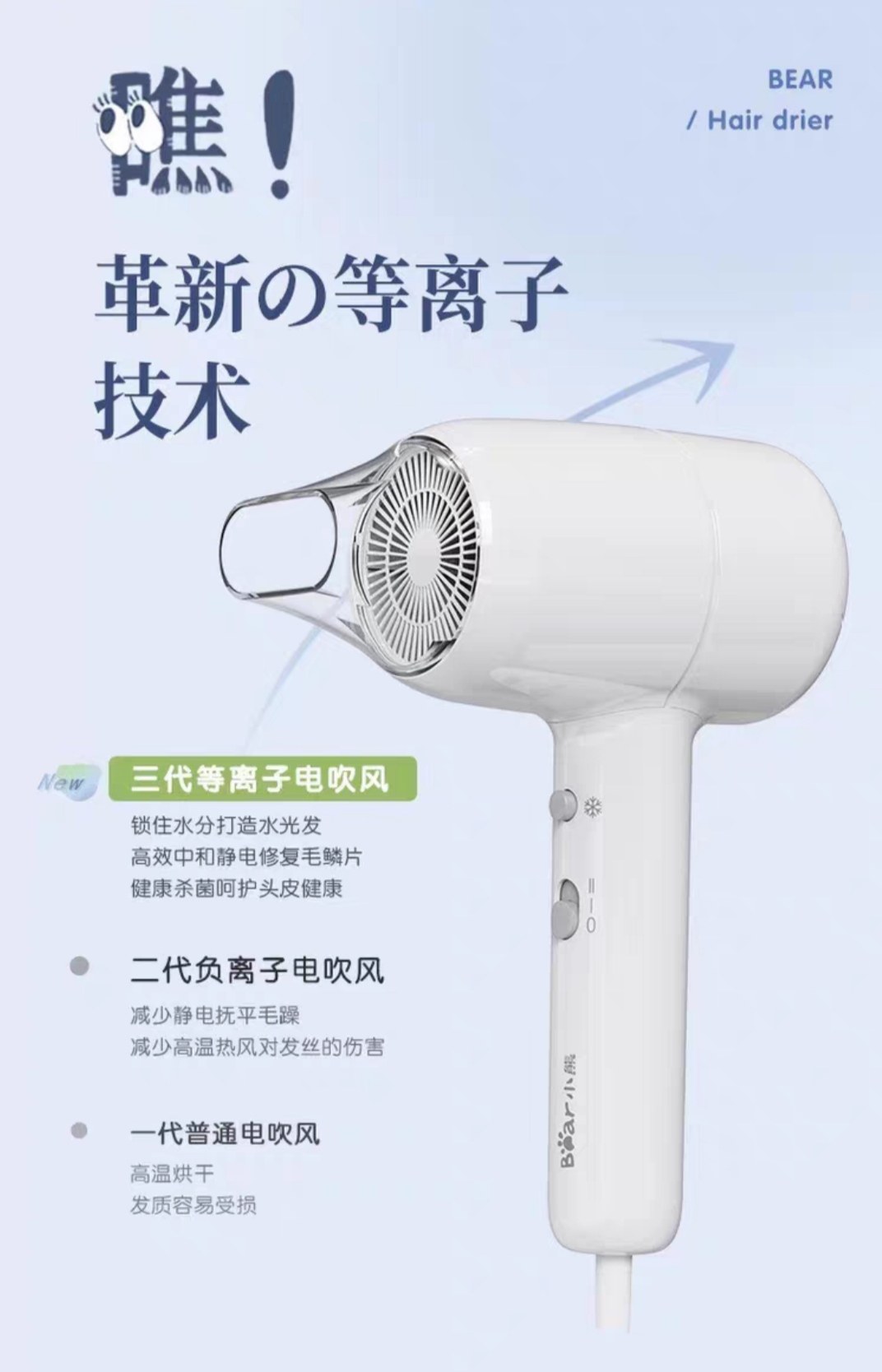 小熊bear电吹风1800W双档热风过热保护单集风嘴高清大图