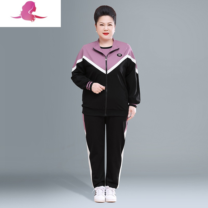艳如飞胖妈妈秋装外套休闲中老年运动服套装女加肥加大码200斤宽松两件妈妈装