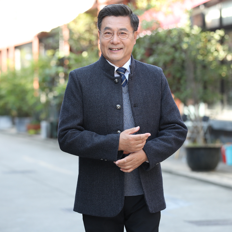 newlake中老年毛呢夹克男加棉加厚秋冬季长款爸爸装立领外套冬装爷爷