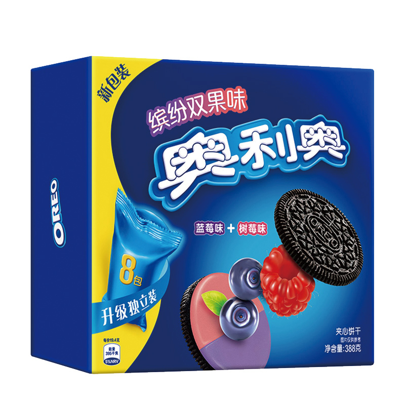 亿滋 奥利奥缤纷双果味夹心饼干蓝莓味+树莓味388g 夹心饼干小包装儿童休闲零食盒装