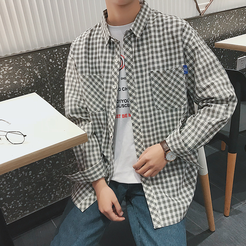 2018春装新品男款休闲经典格子衬衫格子外套青少年韩版宽松潮寸衣