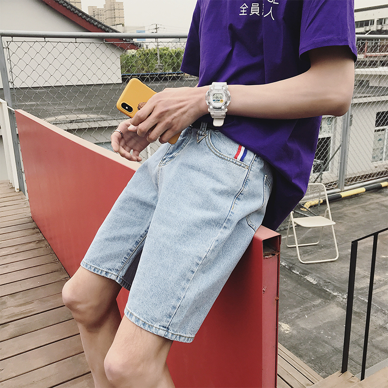港风牛仔短裤男潮夏款薄款浅色5分中裤大码牛仔裤男士五分裤夏天