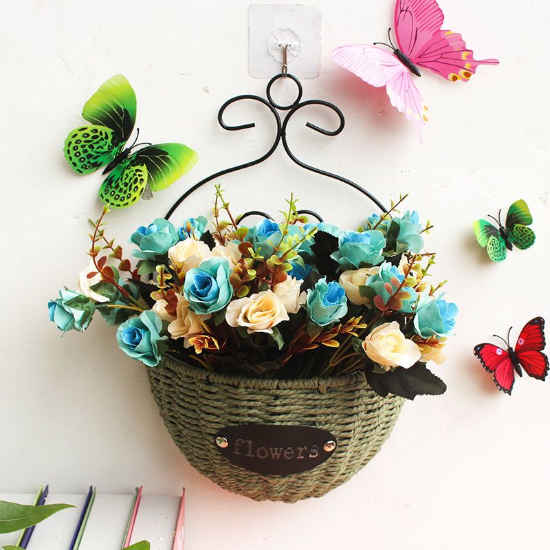 墙壁装饰花篮悬挂式花盆仿真花假花墙上花盆挂件卧室影视墙壁饰草绿篮