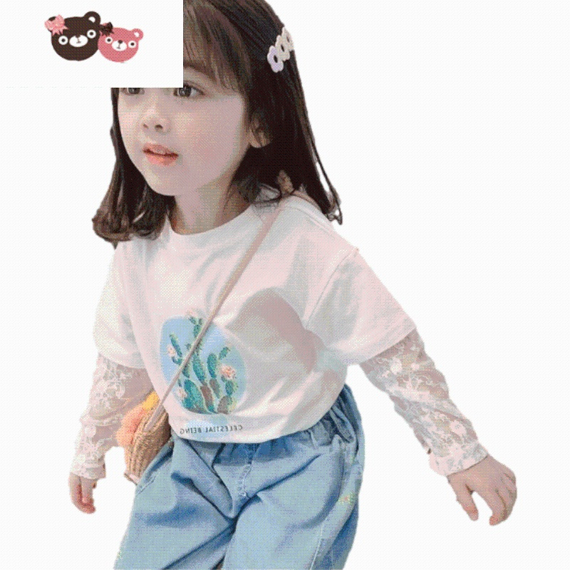 绿彩虹光女童长袖t恤2022春夏新款女宝宝上衣洋气中小儿童装蕾丝打底衫潮3T恤