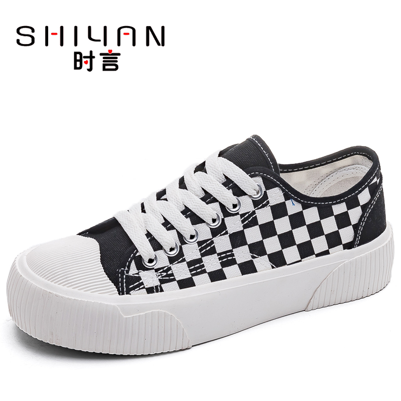 时言(SHIYAN)网红帆布鞋女2022春夏新款学院风布面透气女鞋潮流舒适平底休闲单鞋女时尚街拍女士板鞋