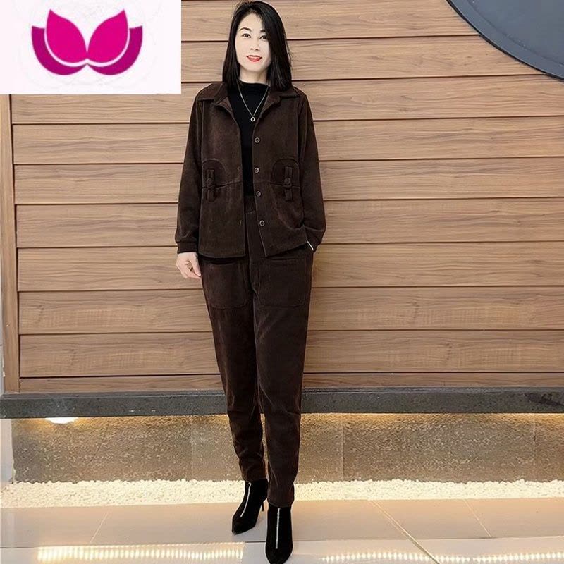 七斓春季新款不加绒衬衫领盘口哈伦套装2023时尚洋气休闲宽松减龄女装图片