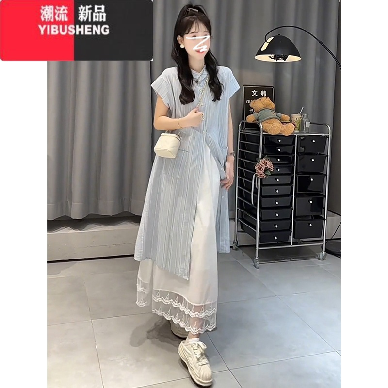 YIBUSHENG法式小个子蓝色条纹衬衫连衣裙子2024新款女装季松弛感宽松长裙
