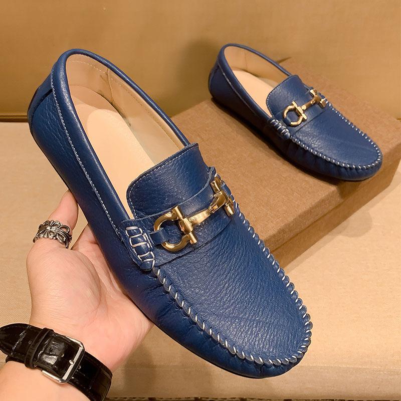 百丽牧貂bailimudiao轻奢潮牌手工缝制欧货轻奢真皮蓝色豆豆鞋男平底