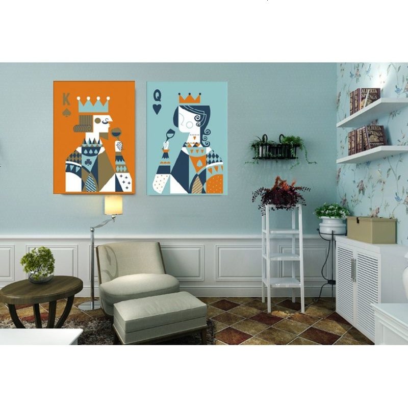 挂画国王皇后扑克K无框画双联客厅挂画棋牌室欧美个装饰画