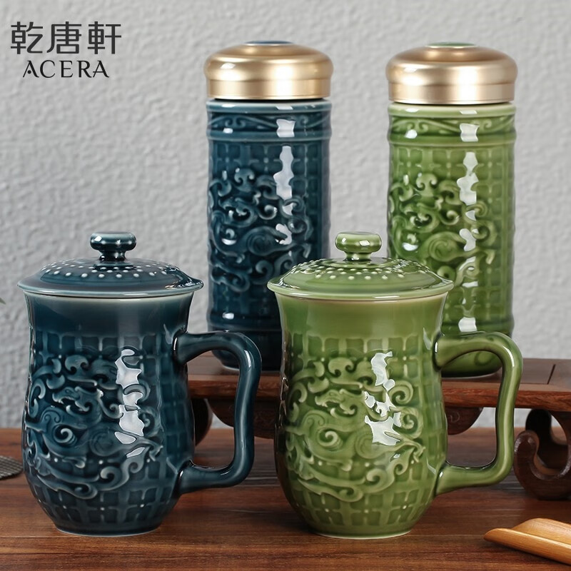 乾唐轩 活瓷杯 便携水杯陶瓷杯子 宝石蓝 势在必得礼盒 双层随手杯 白色高清大图