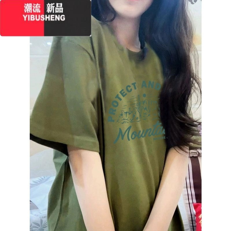 YIBUSHENG牛油果绿短袖t恤女季宽松港味复古chic半袖显瘦上衣情侣宽高清大图