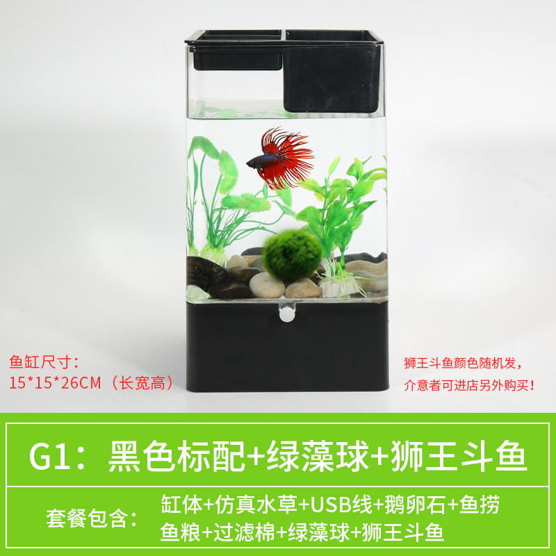 水培植物养鱼缸一体家用塑料创意懒人小型免换水桌面斗鱼专用客厅_1 默认尺寸 黑色标配+绿藻球+狮王斗鱼