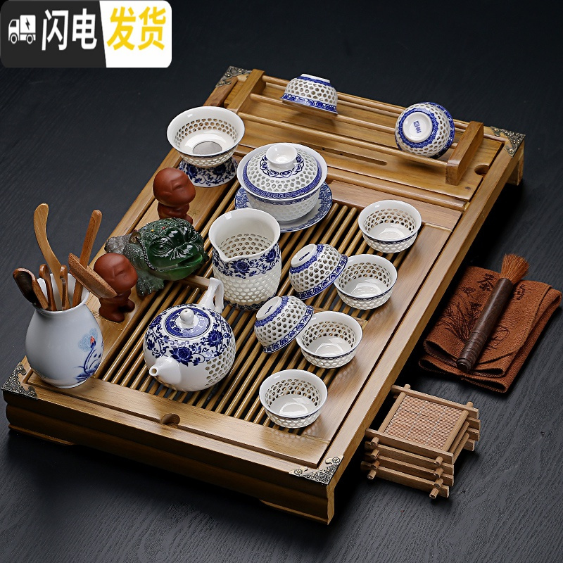 三维工匠紫砂陶瓷功夫茶具家用套装大号实木杯架排水茶盘茶台茶道配件整套 橡木诗句+咏竹紫砂 24件
