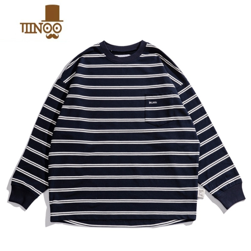 YANXU日系潮牌春款T恤男生CityBoy条纹廓形长袖男复古宽松休闲时尚百搭