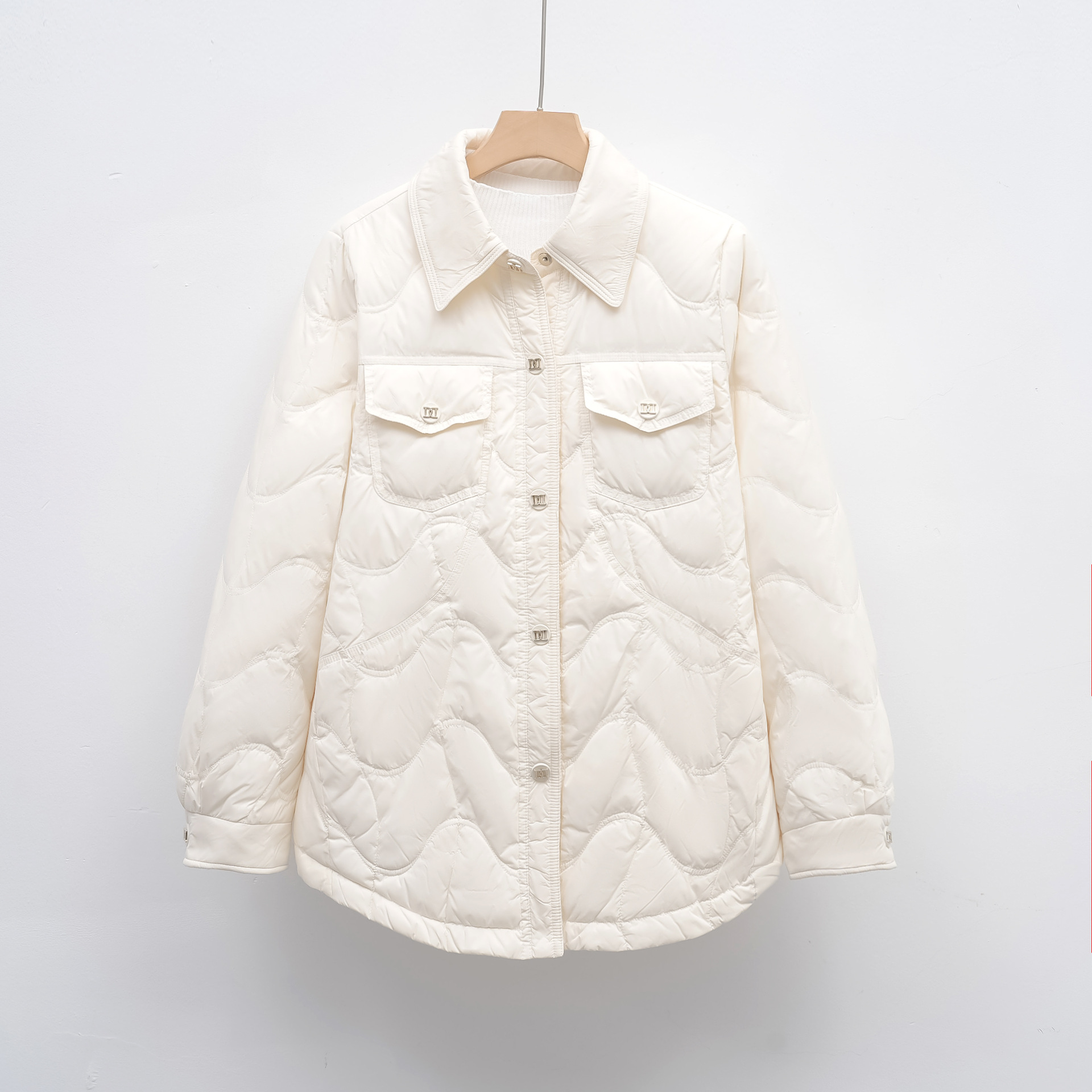 羽绒服新国标90绒衬衫式羽绒服女士秋冬时尚新款外套显瘦 米白色 S
