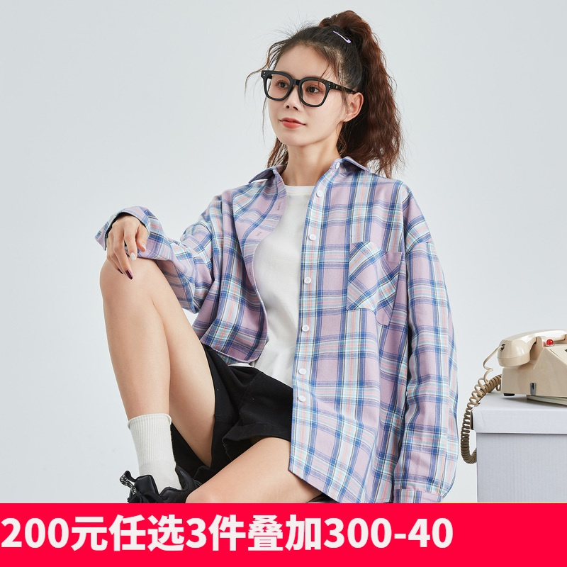 唐狮早春新款格子衬衫女设计感长袖衬衫宽松衬衣外套别致上衣