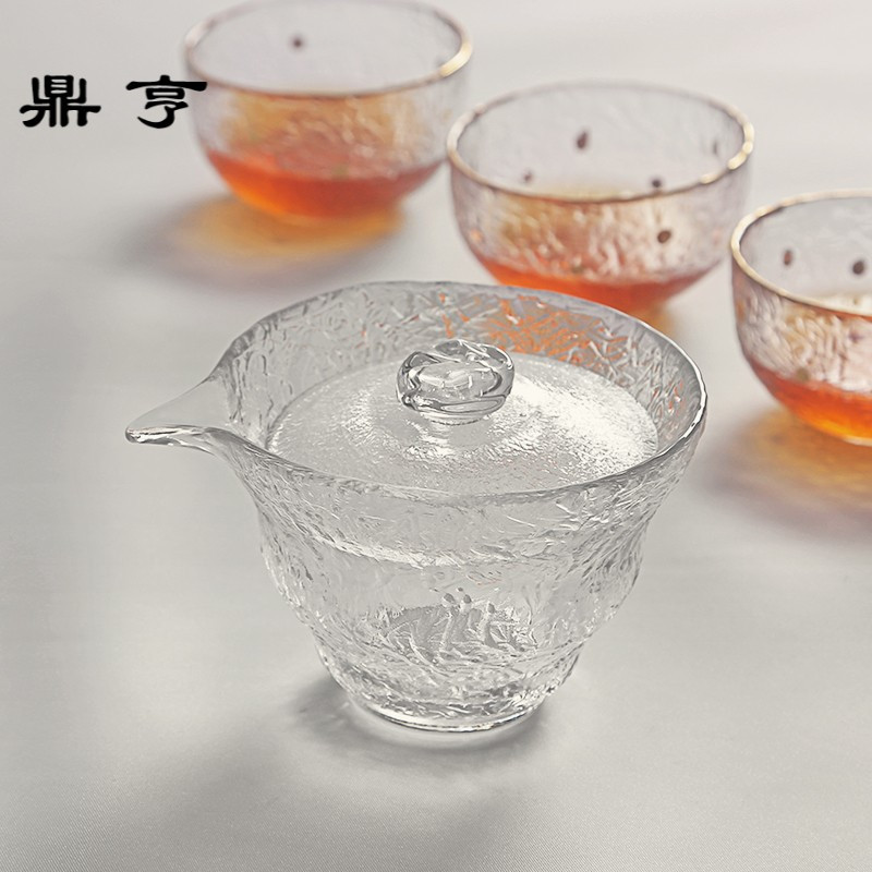 鼎亨锤目纹三才盖碗 耐热玻璃水晶透明手抓壶 日式加厚大号功夫泡