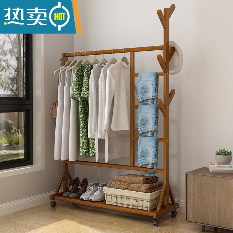 敬平衣帽架落地卧室挂衣架简易家用室内晾衣架衣服折叠网红宿舍置物架 [宿舍款]80宽 带滑轮 优质楠竹+可拆洗布套高清大图