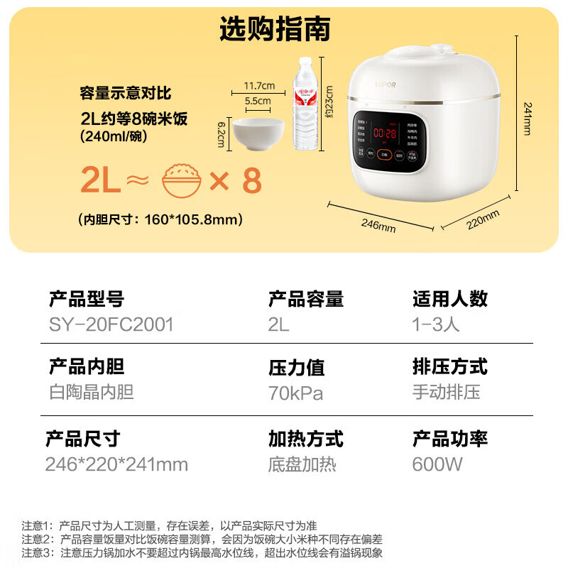 苏泊尔(SUPOR)电压力锅家用 1-2人使用迷你压力锅2L白陶晶内胆高压锅 智能预约电饭煲电饭锅SY-20FC2001高清大图