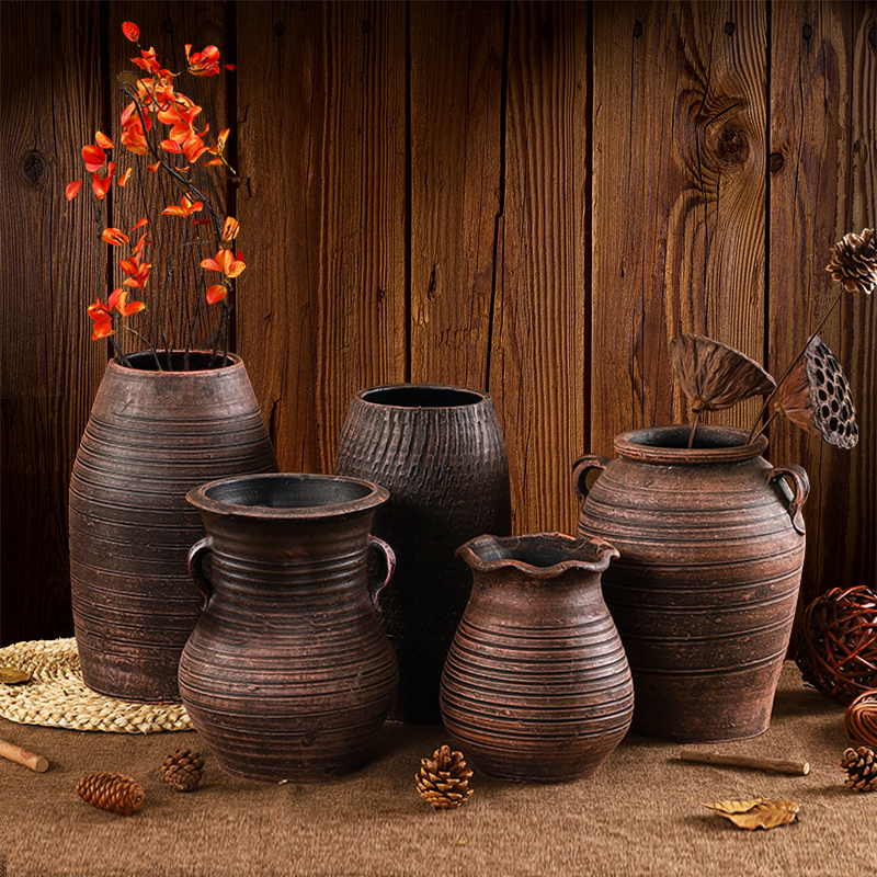 中式复古陶罐花瓶插花器花盆家居土培干花客厅装饰摆件仿古土陶高清大图