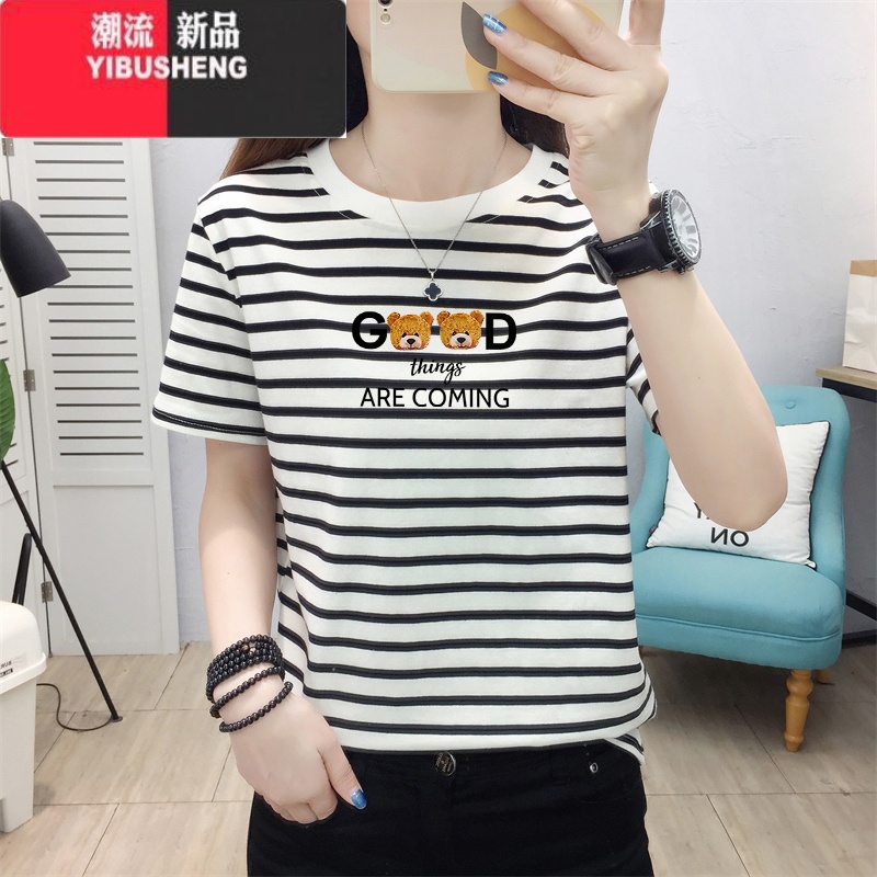 YIBUSHENG条纹短袖t恤女季2024新款宽松大码减龄漂亮洋气正码漂N款高清大图