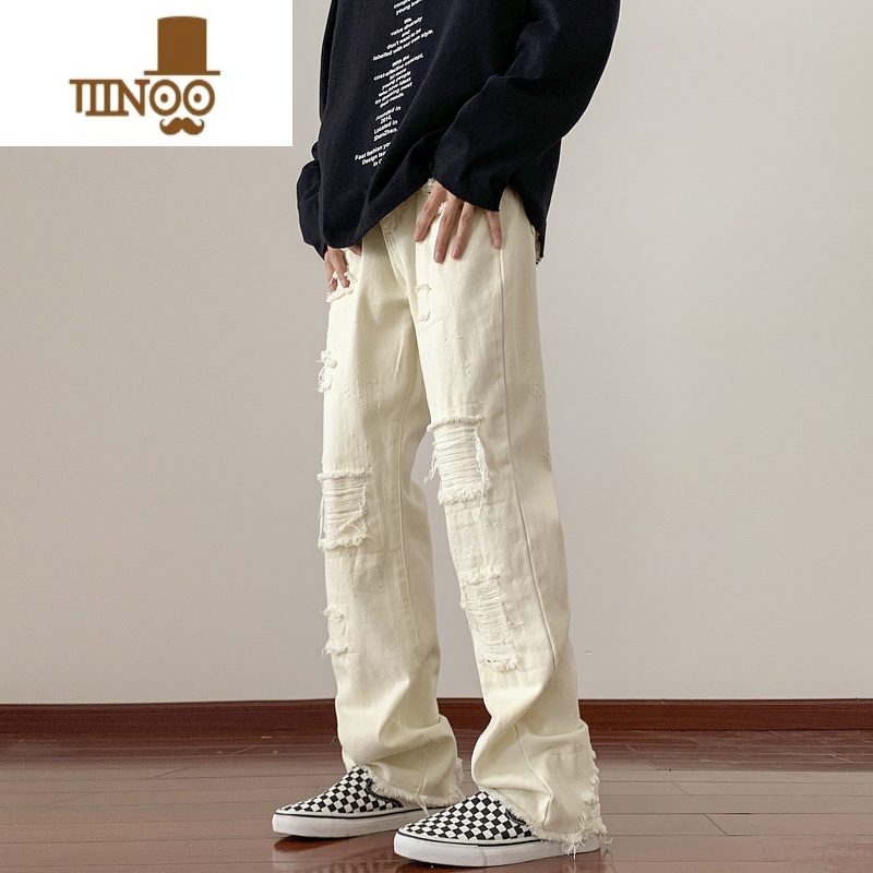 YANXU设计感破洞毛边牛仔裤男做旧水洗高街复古宽松直筒阔腿长高高清大图