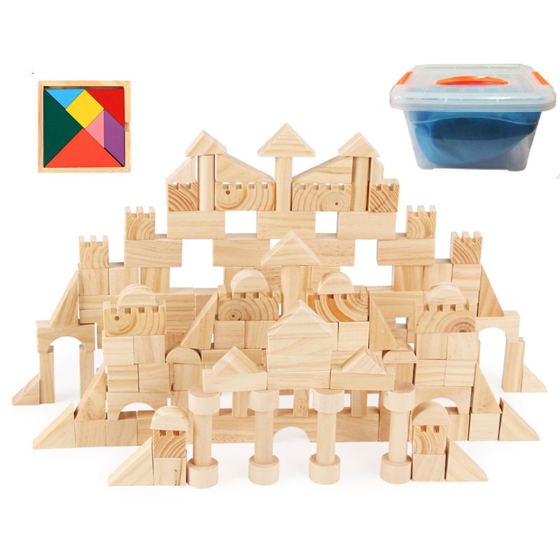 赠七巧板162粒积木原木彩色积木儿童玩具拼图木质玩具