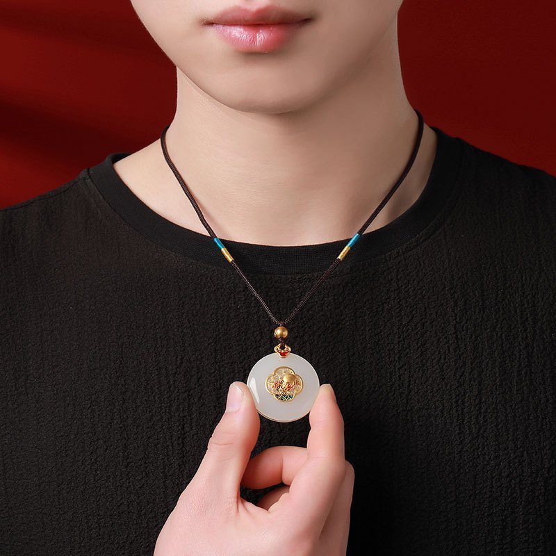 印象眸古法传承系列足金镶和田玉吊坠黄金福字珐琅工艺羊脂白玉平安扣