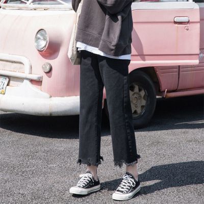 渐变色牛仔裤女秋季韩版ins直筒宽松原宿风裤子高腰阔腿九分裤潮 8003黑色 XL
