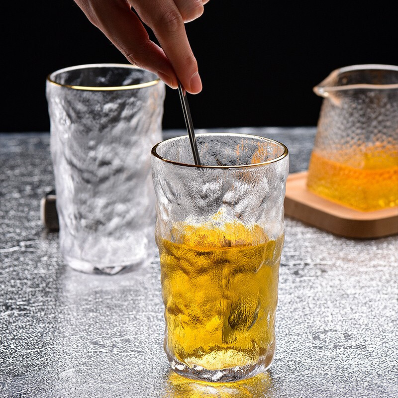 日式金边玻璃杯透明耐热水杯套装家用冰川杯子果汁饮品杯 描金冰川杯[高杯2只装]高清大图