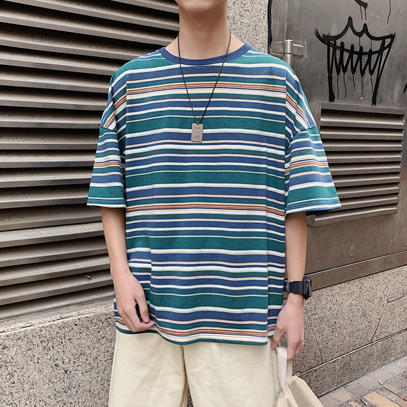 梵克公牛短袖t恤男牌宽松港风流学生条纹ins衣服情侣装
