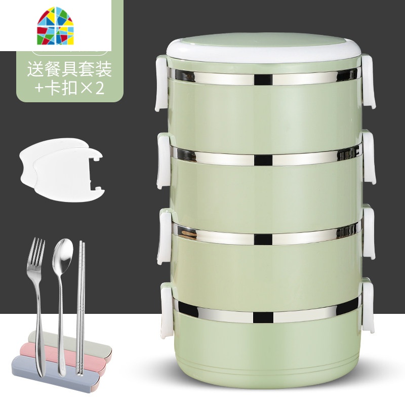 金属饭盒保温分格1成人可爱便当盒学生23多层4餐盒 FENGHOU 4层绿(送金属餐具+卡扣)高清大图