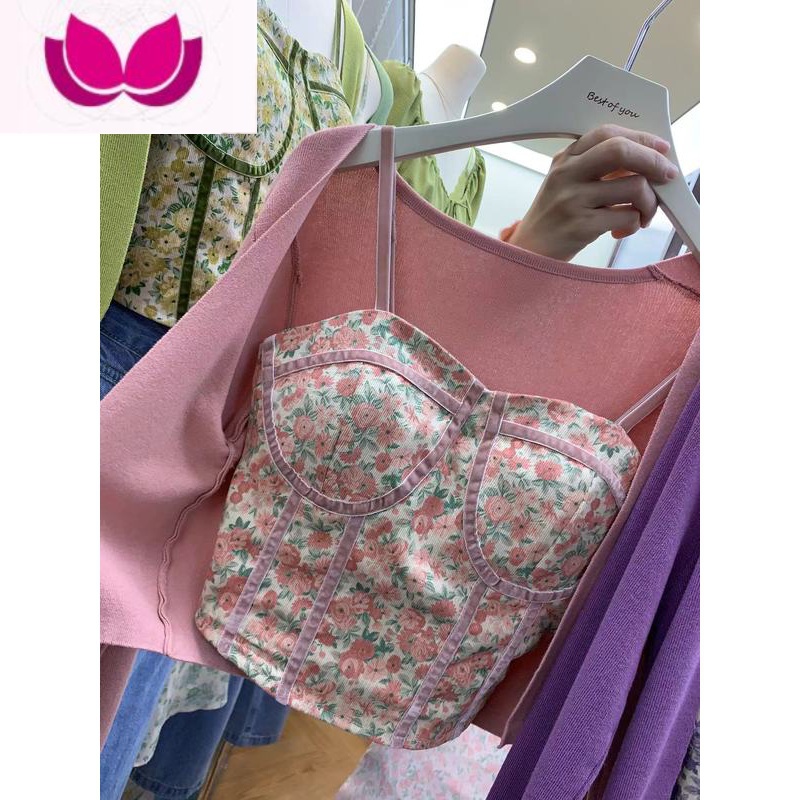 七斓十三行套装女新款2023小个子针织开衫碎花吊带背心短款套高清大图