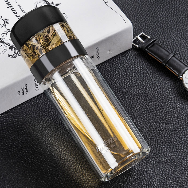 哈尔斯双层玻璃茶水分离杯男女小杯子泡茶过滤杯高档简约便携清新 星空黑280ml（带按键式茶仓）（赠送杯