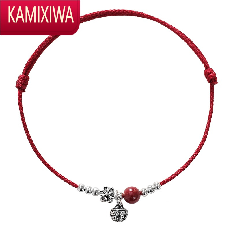 KAMIXIWA银复古铃铛脚链女朱砂银红绳编织手链女夏手绳礼物个性脚踝链