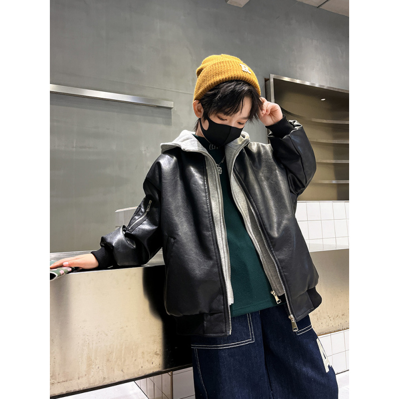 男童皮衣外套新款中大童加绒秋冬款儿童冬季皮夹克洋气上衣潮