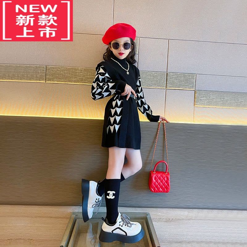 可莉允女童加绒毛衣秋冬装2022新款大童时髦洋气炸街儿童冬季针织连衣裙图片