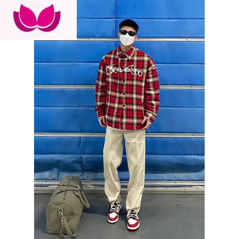 七斓美式刺绣红色格子休闲衬衫男长袖宽松衬衣潮流高街情侣外套