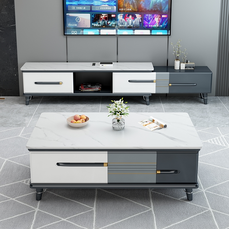 新款轻奢岩板茶几电视柜组合手逗现代简约小户型客厅大理石可伸缩地柜