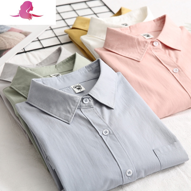 艳如飞春秋新款文艺简约棉长袖白衬衫女韩版宽松学生休闲外套叠穿衬衣