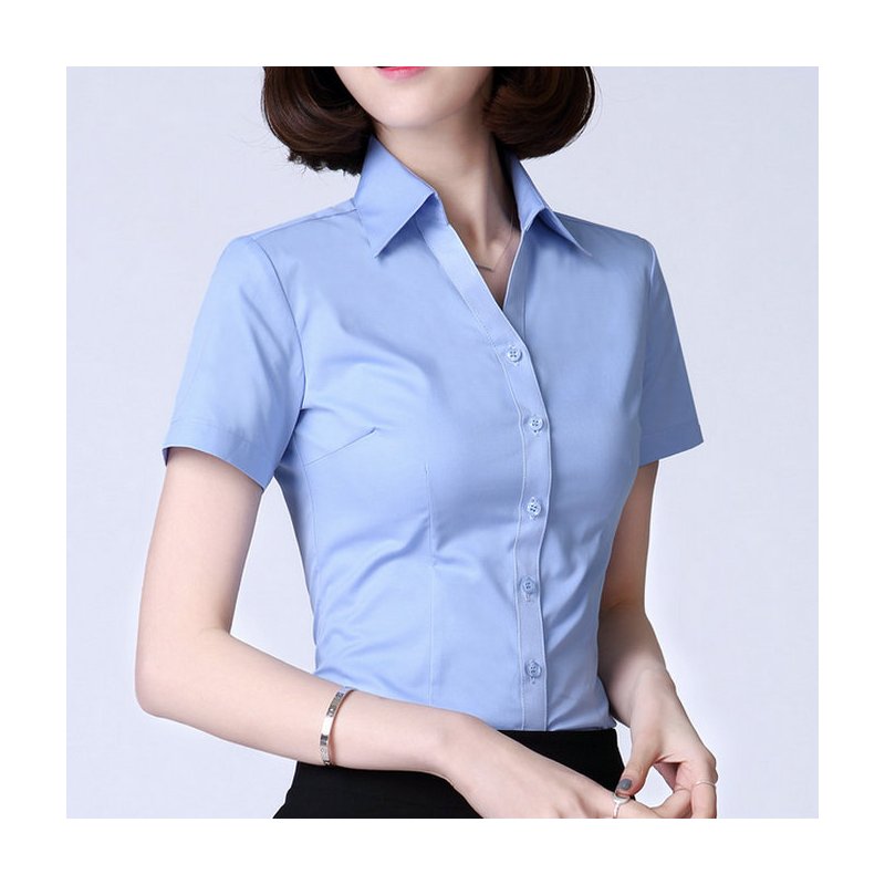 恋名媛蓝色衬衫女短袖职业装夏季v领大码气质工装女
