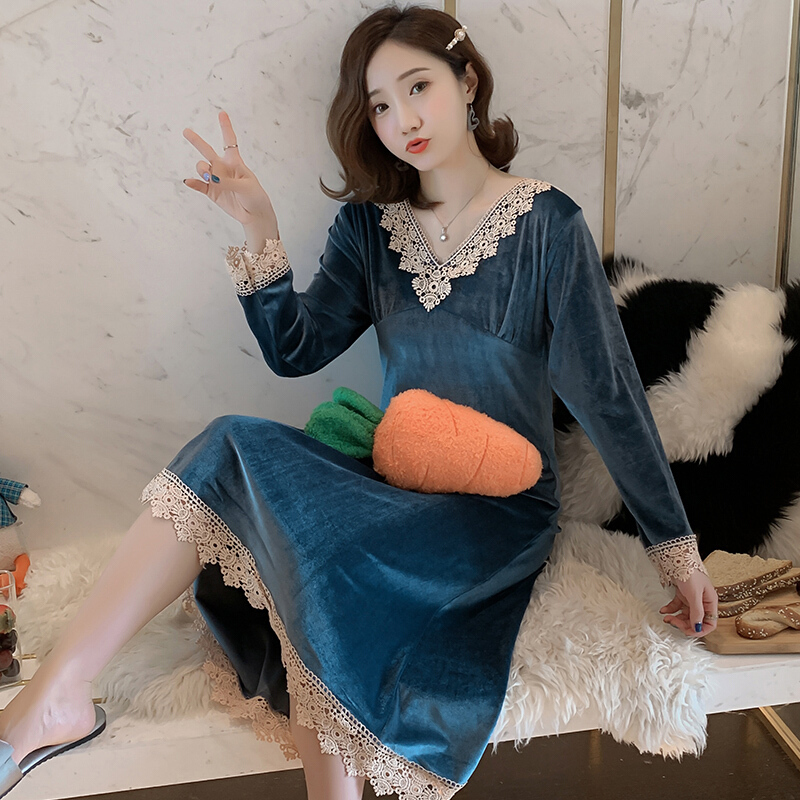 波迷娜(BOMINA)长袖绒套绒套花边胡萝卜季韩版长袖睡女奢华宫廷风家居服保暖珊瑚绒睡衣