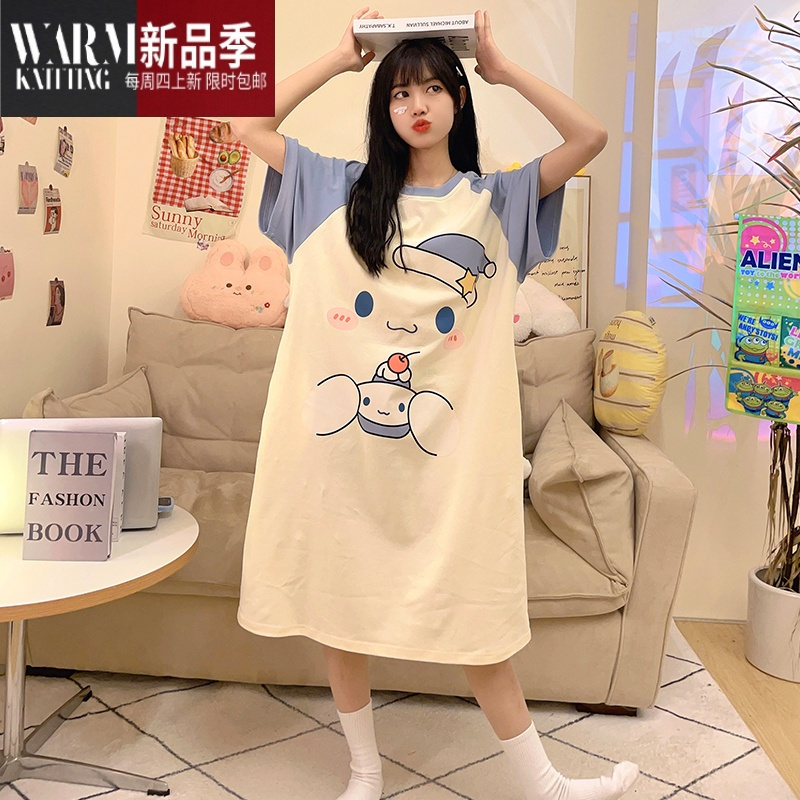 SHANCHAO自带胸垫睡裙短袖宽松睡衣女夏季卡通可爱玉桂狗中长款家居服