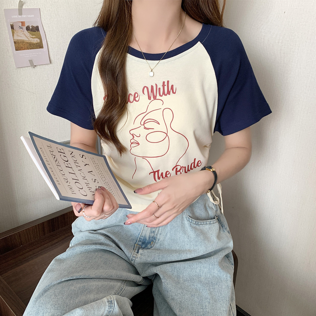 [1.5折价37元]唐狮短袖T恤女夏季新款圆领插肩袖抽绳设计短款时尚流行潮高清大图