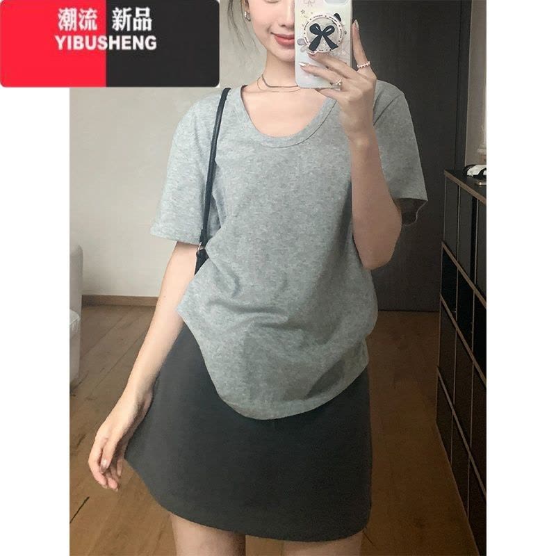 YIBUSHENG灰色低圆领正肩短袖女季新款韩版宽松显瘦百搭基础款T恤上衣潮图片